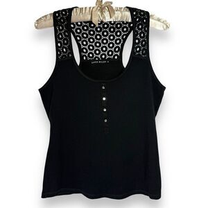 Karen Millen Tank Top 16 (XL) Black Ribbed Scoop Neck Stretch Eyelet‎ Racerback